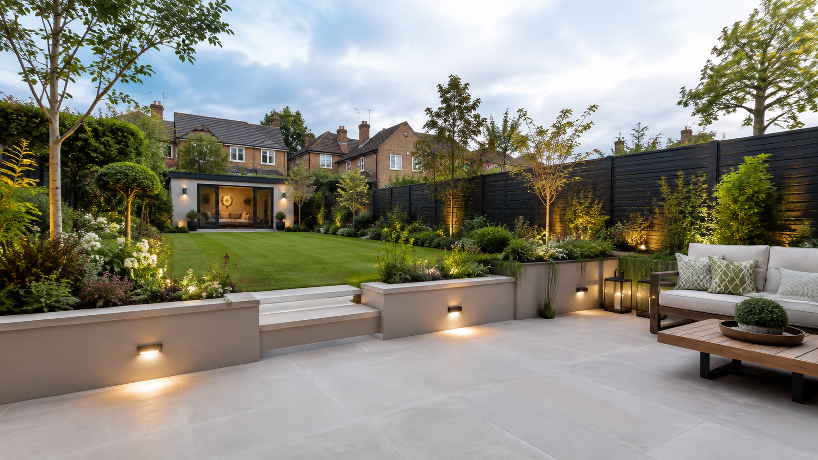 Large landscaped residential garden at a modern family home